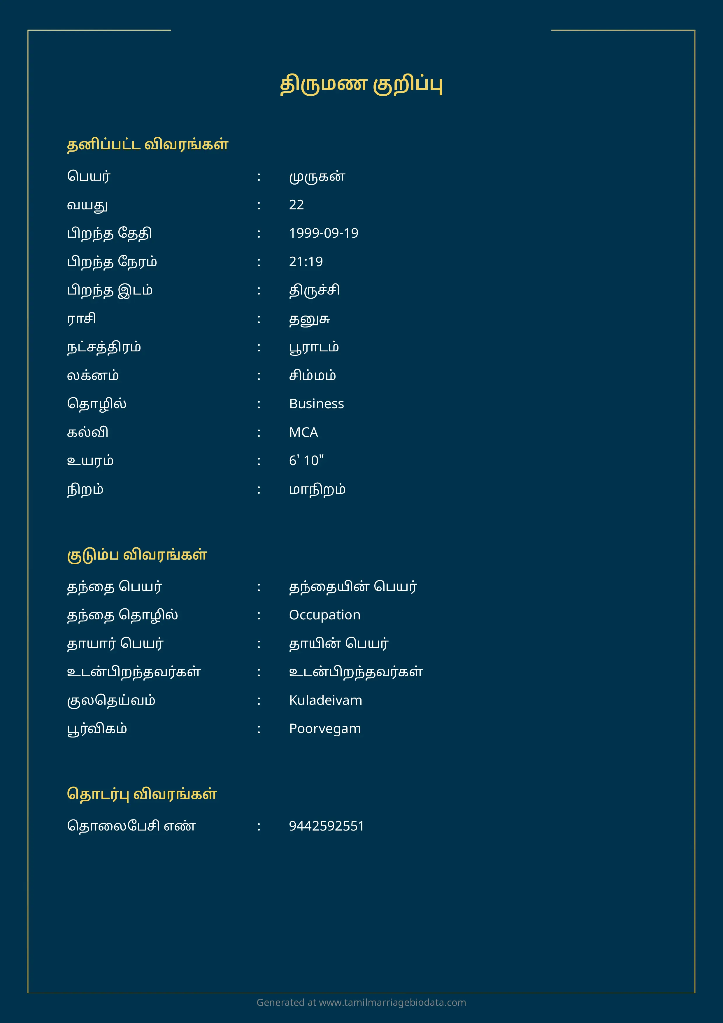 Professional Tamil Marriage Biodata Profile