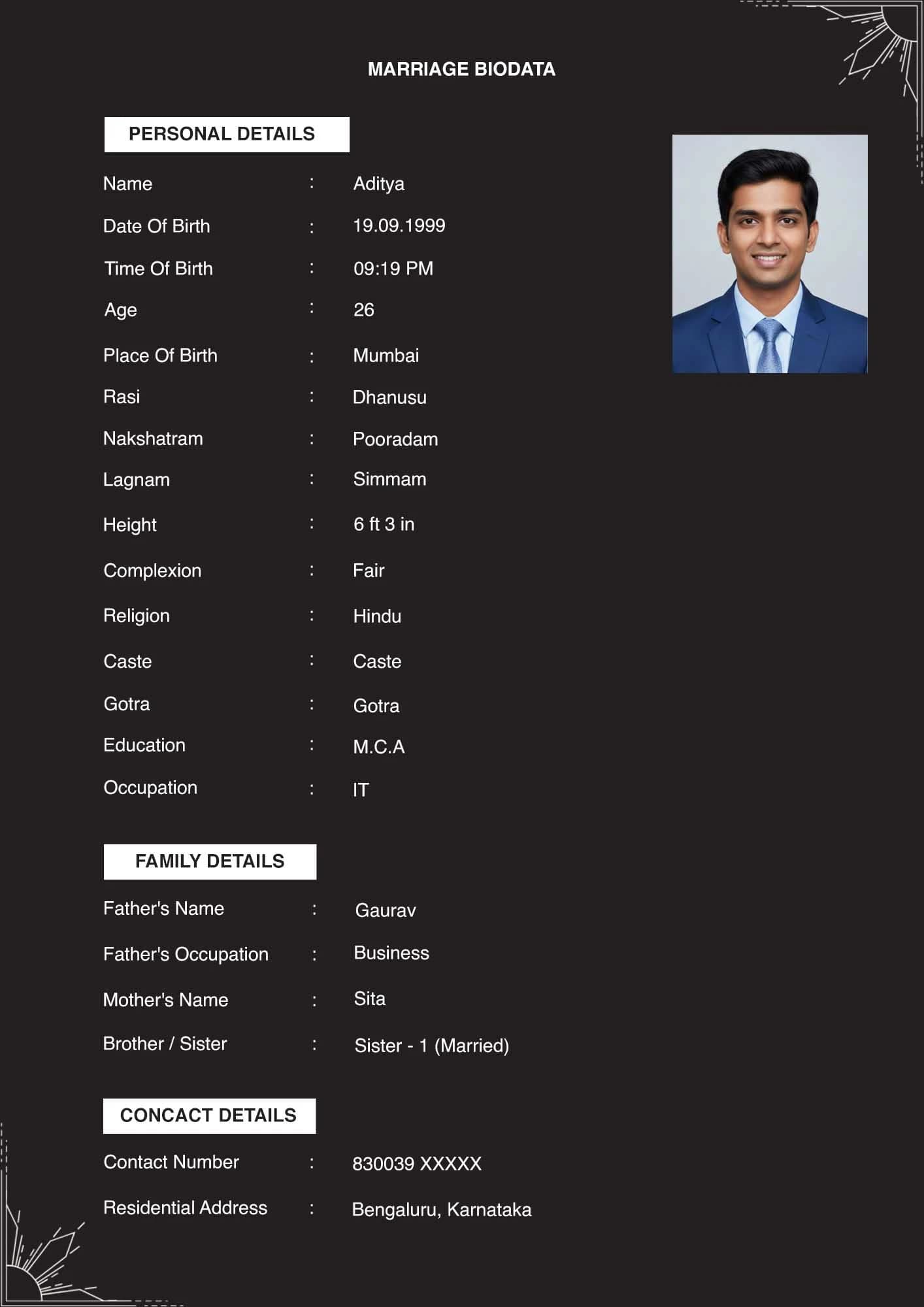 Modern minimalist English matrimonial biodata template PDF download for brides and grooms