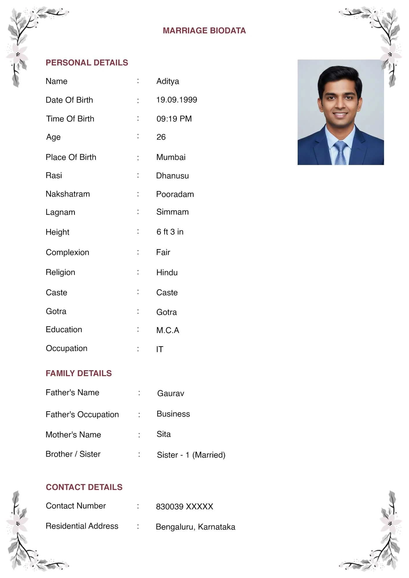 Classic floral design marriage biodata maker in English for Indian matrimony