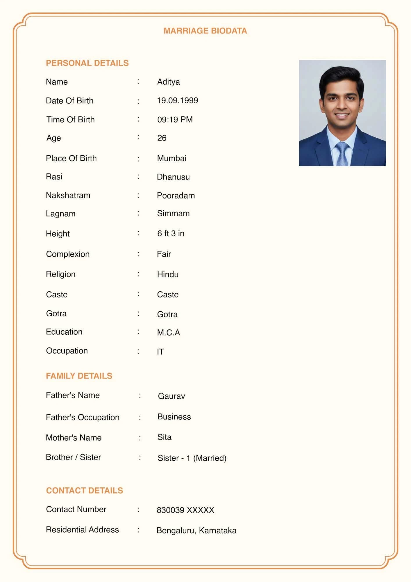 Royal gold themed premium English marriage biodata format with family details and Rasi Navamsam