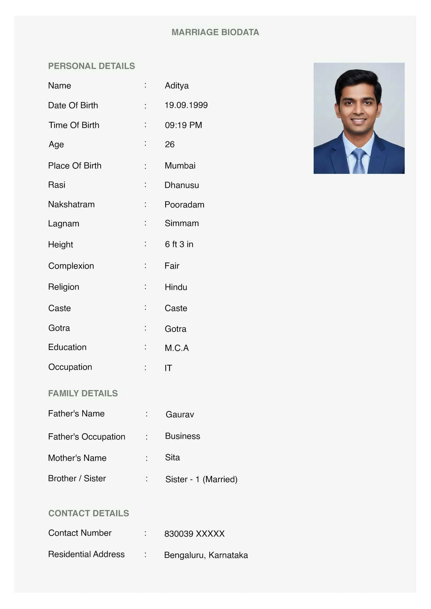 Elegant green simple English biodata format for marriage proposal and matchmaking