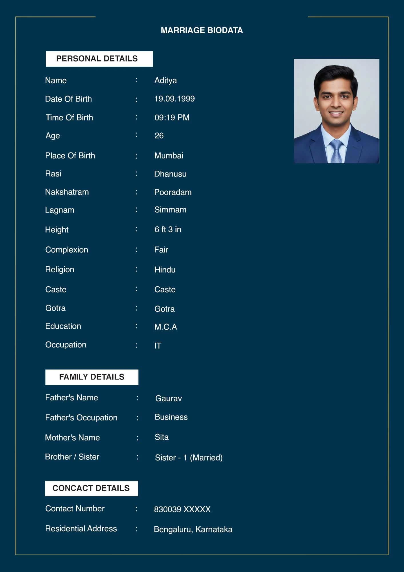 Classic frame style English biodata template for marriage with photo and astrological details