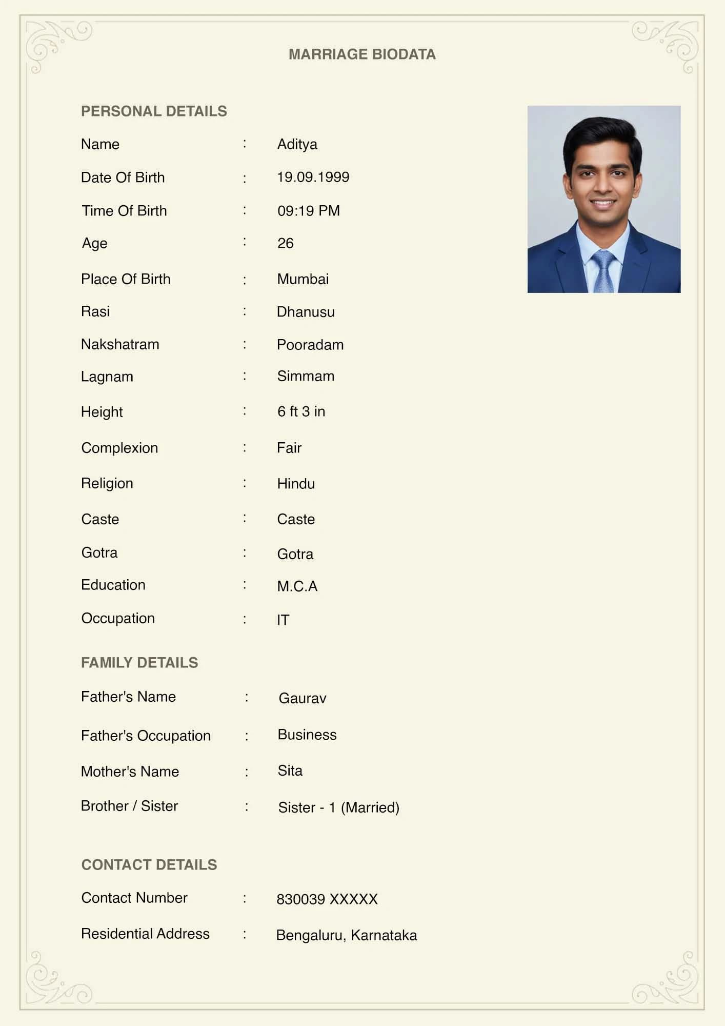 Traditional English marriage biodata format with horoscope details for matrimonial profiles